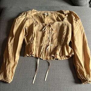 American Eagle Outfitters Light Brown Peasant Blouse with Swiss Dots